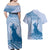 Personalised Hawaii Monk Seal Couples Matching Off Shoulder Maxi Dress and Hawaiian Shirt Polynesian Tattoo With Tropical Flowers - Blue Pastel