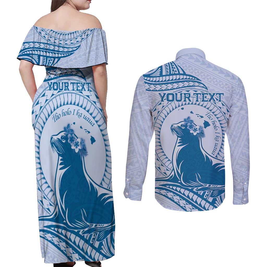 Personalised Hawaii Monk Seal Couples Matching Off Shoulder Maxi Dress and Long Sleeve Button Shirt Polynesian Tattoo With Tropical Flowers - Blue Pastel LT14 - Polynesian Pride