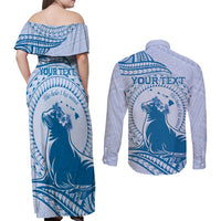 Personalised Hawaii Monk Seal Couples Matching Off Shoulder Maxi Dress and Long Sleeve Button Shirt Polynesian Tattoo With Tropical Flowers - Blue Pastel LT14 - Polynesian Pride
