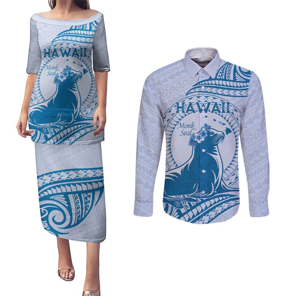 Personalised Hawaii Monk Seal Couples Matching Puletasi and Long Sleeve Button Shirt Polynesian Tattoo With Tropical Flowers - Blue Pastel