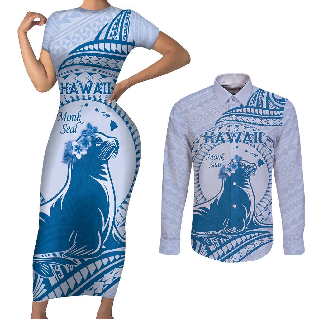 Personalised Hawaii Monk Seal Couples Matching Short Sleeve Bodycon Dress and Long Sleeve Button Shirt Polynesian Tattoo With Tropical Flowers - Blue Pastel