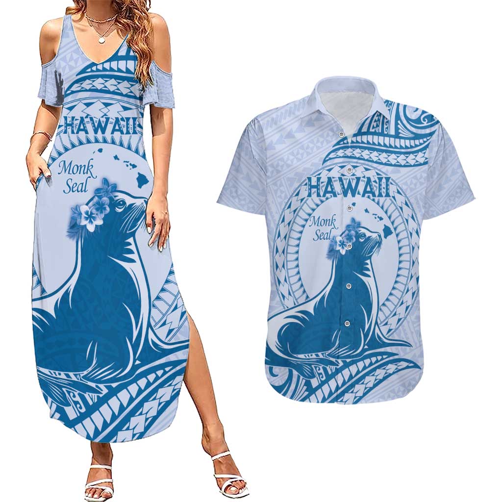 Personalised Hawaii Monk Seal Couples Matching Summer Maxi Dress and Hawaiian Shirt Polynesian Tattoo With Tropical Flowers - Blue Pastel LT14 Blue - Polynesian Pride