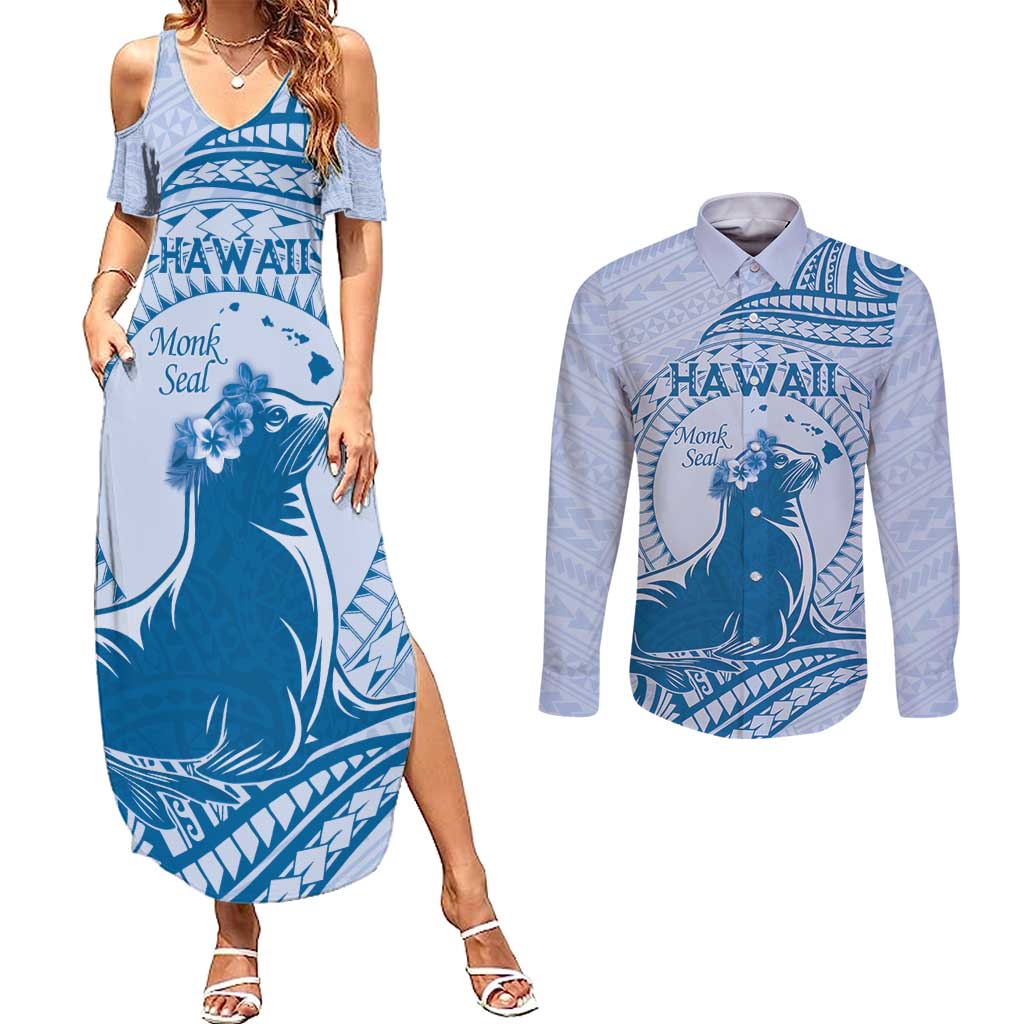 Personalised Hawaii Monk Seal Couples Matching Summer Maxi Dress and Long Sleeve Button Shirt Polynesian Tattoo With Tropical Flowers - Blue Pastel LT14 Blue - Polynesian Pride