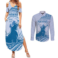 Personalised Hawaii Monk Seal Couples Matching Summer Maxi Dress and Long Sleeve Button Shirt Polynesian Tattoo With Tropical Flowers - Blue Pastel LT14 Blue - Polynesian Pride