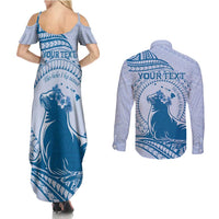 Personalised Hawaii Monk Seal Couples Matching Summer Maxi Dress and Long Sleeve Button Shirt Polynesian Tattoo With Tropical Flowers - Blue Pastel LT14 - Polynesian Pride