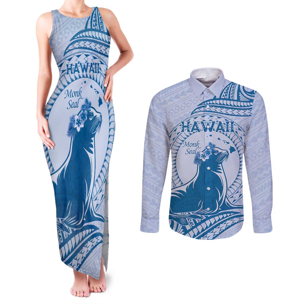 Personalised Hawaii Monk Seal Couples Matching Tank Maxi Dress and Long Sleeve Button Shirt Polynesian Tattoo With Tropical Flowers - Blue Pastel