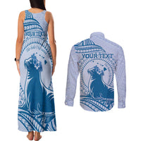 Personalised Hawaii Monk Seal Couples Matching Tank Maxi Dress and Long Sleeve Button Shirt Polynesian Tattoo With Tropical Flowers - Blue Pastel LT14 - Polynesian Pride