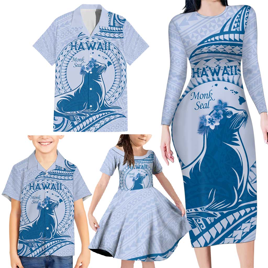 Personalised Hawaii Monk Seal Family Matching Long Sleeve Bodycon Dress and Hawaiian Shirt Polynesian Tattoo With Tropical Flowers - Blue Pastel