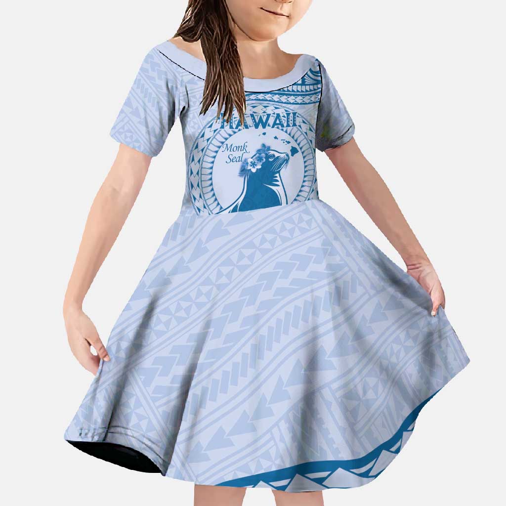 Personalised Hawaii Monk Seal Family Matching Mermaid Dress and Hawaiian Shirt Polynesian Tattoo With Tropical Flowers - Blue Pastel LT14 Daughter's Dress Blue - Polynesian Pride