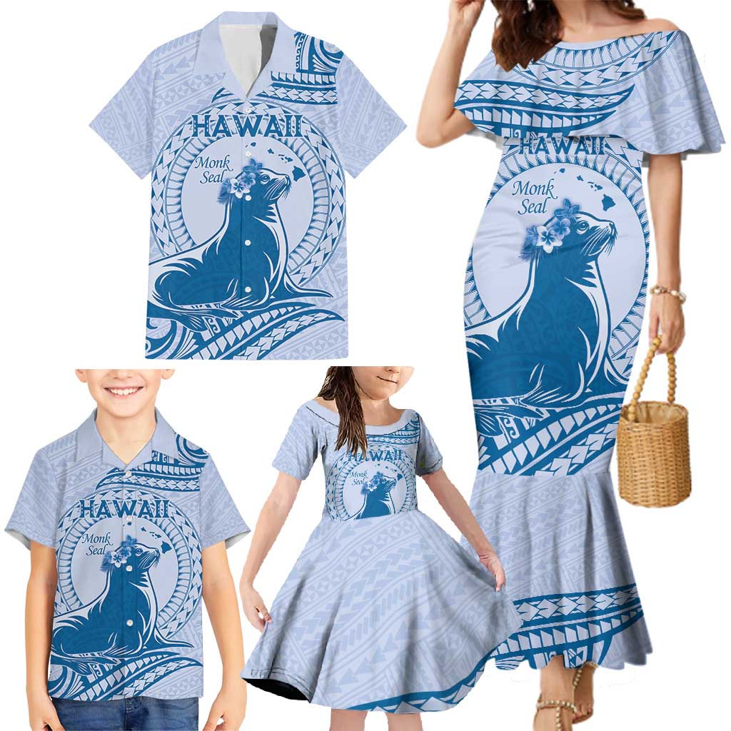Personalised Hawaii Monk Seal Family Matching Mermaid Dress and Hawaiian Shirt Polynesian Tattoo With Tropical Flowers - Blue Pastel
