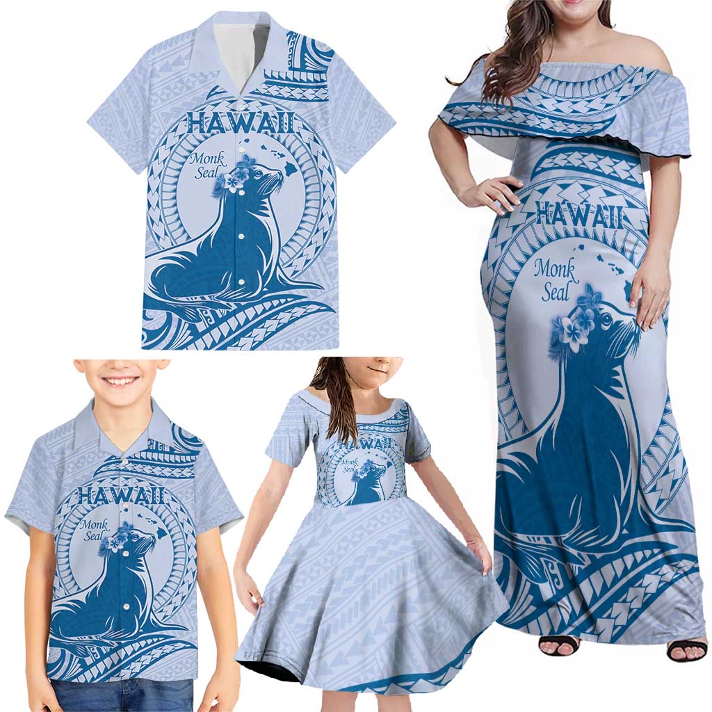 Personalised Hawaii Monk Seal Family Matching Off Shoulder Maxi Dress and Hawaiian Shirt Polynesian Tattoo With Tropical Flowers - Blue Pastel