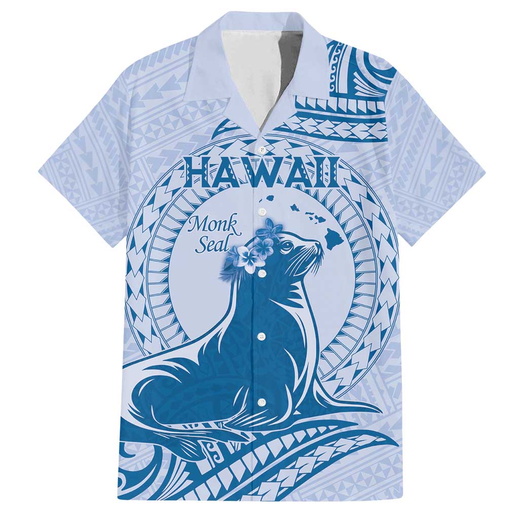 Personalised Hawaii Monk Seal Family Matching Off Shoulder Maxi Dress and Hawaiian Shirt Polynesian Tattoo With Tropical Flowers - Blue Pastel