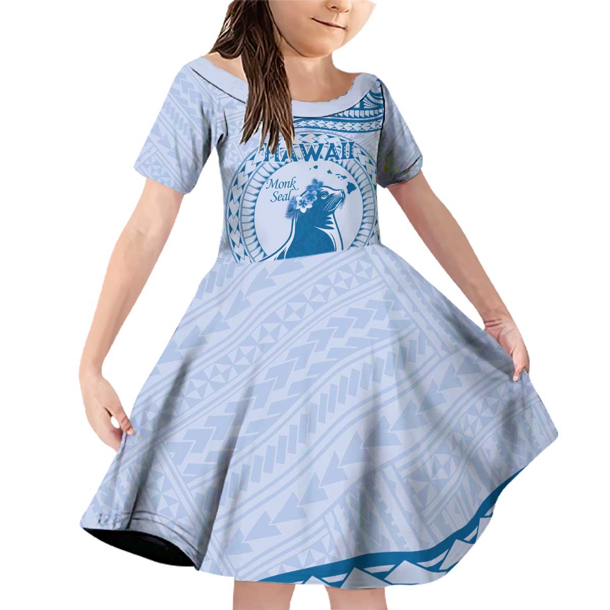 Personalised Hawaii Monk Seal Family Matching Off Shoulder Short Dress and Hawaiian Shirt Polynesian Tattoo With Tropical Flowers - Blue Pastel