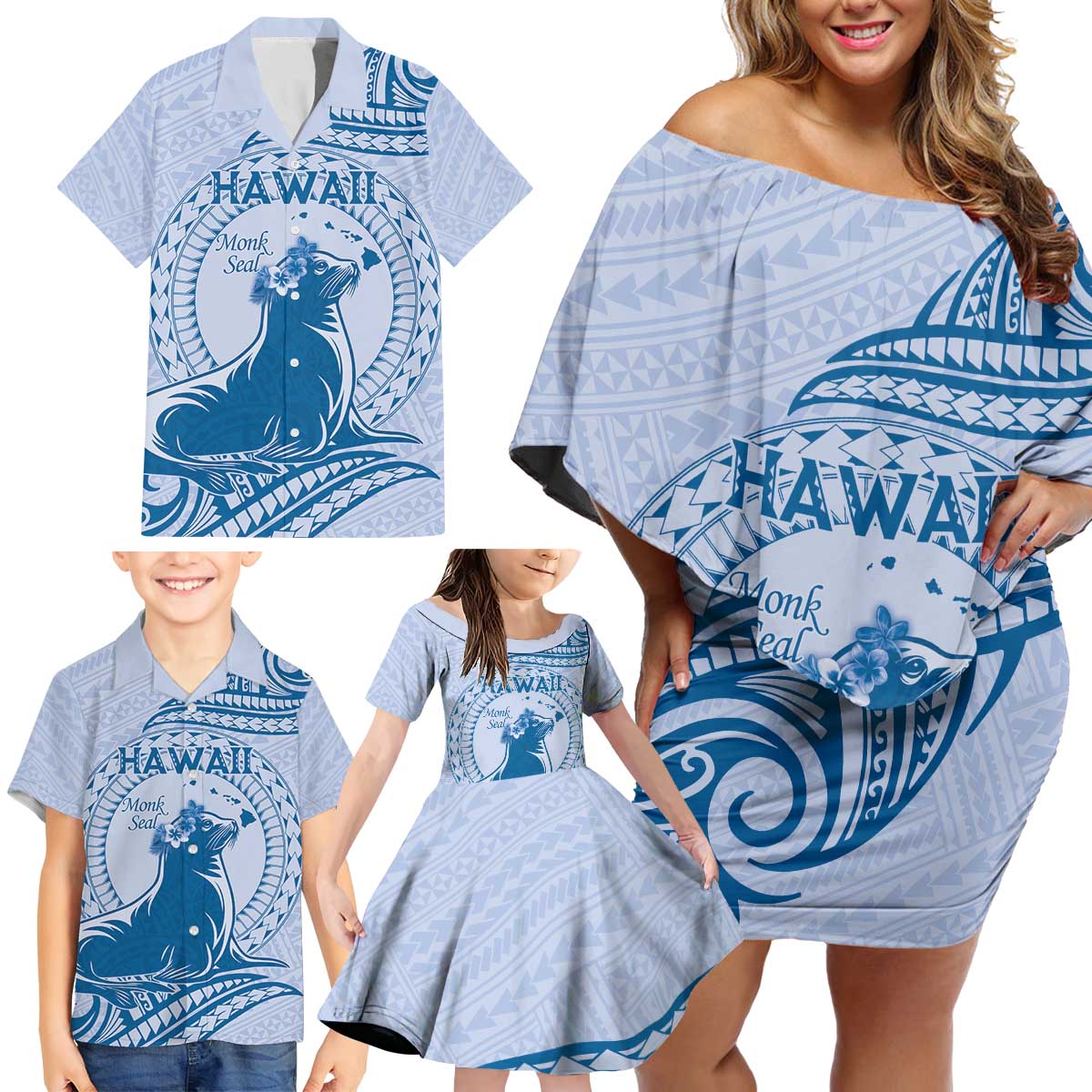 Personalised Hawaii Monk Seal Family Matching Off Shoulder Short Dress and Hawaiian Shirt Polynesian Tattoo With Tropical Flowers - Blue Pastel