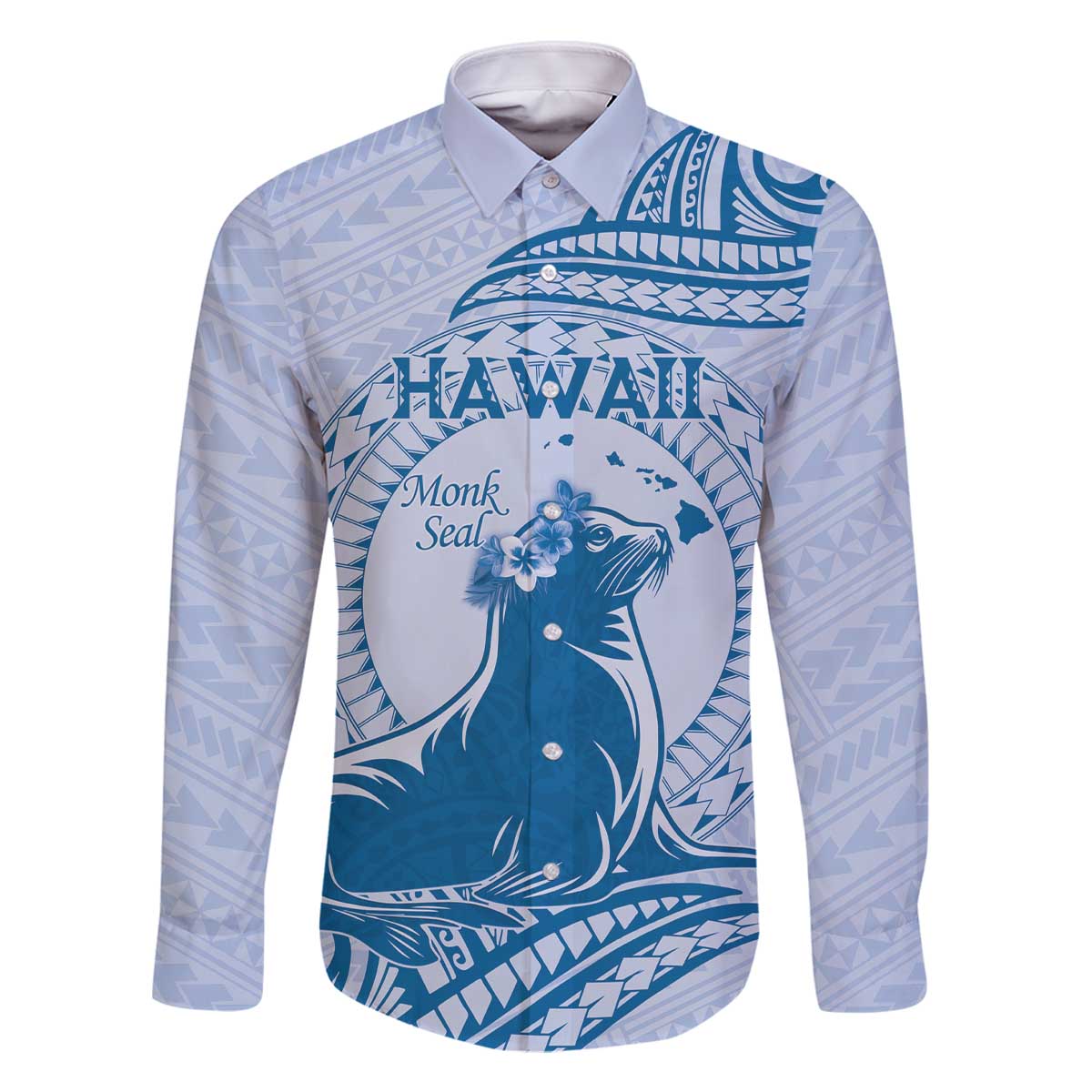 Personalised Hawaii Monk Seal Family Matching Off Shoulder Short Dress and Hawaiian Shirt Polynesian Tattoo With Tropical Flowers - Blue Pastel