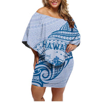 Personalised Hawaii Monk Seal Family Matching Off Shoulder Short Dress and Hawaiian Shirt Polynesian Tattoo With Tropical Flowers - Blue Pastel