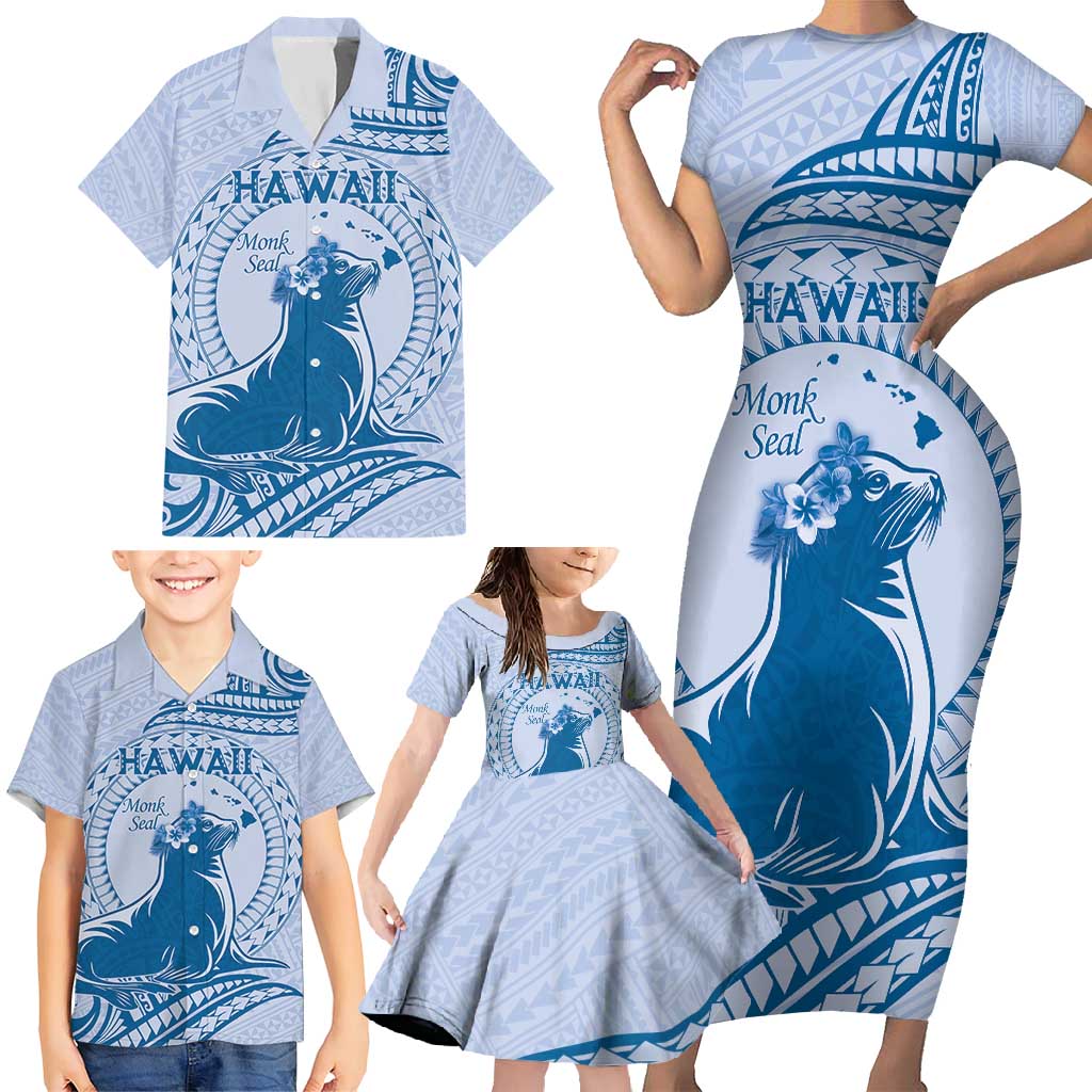 Personalised Hawaii Monk Seal Family Matching Short Sleeve Bodycon Dress and Hawaiian Shirt Polynesian Tattoo With Tropical Flowers - Blue Pastel