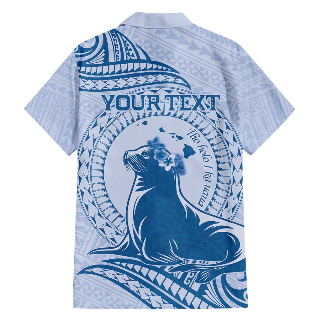 Personalised Hawaii Monk Seal Family Matching Short Sleeve Bodycon Dress and Hawaiian Shirt Polynesian Tattoo With Tropical Flowers - Blue Pastel