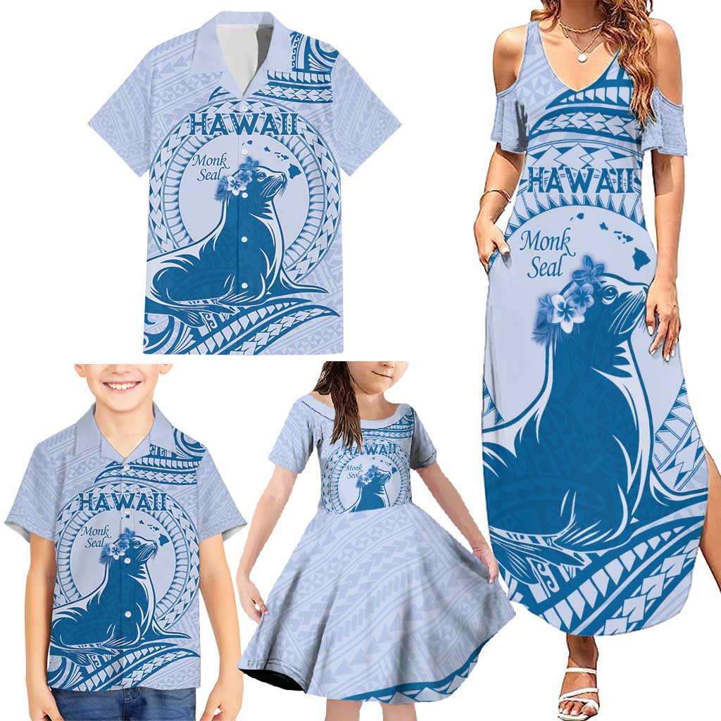 Personalised Hawaii Monk Seal Family Matching Summer Maxi Dress and Hawaiian Shirt Polynesian Tattoo With Tropical Flowers - Blue Pastel LT14 - Polynesian Pride