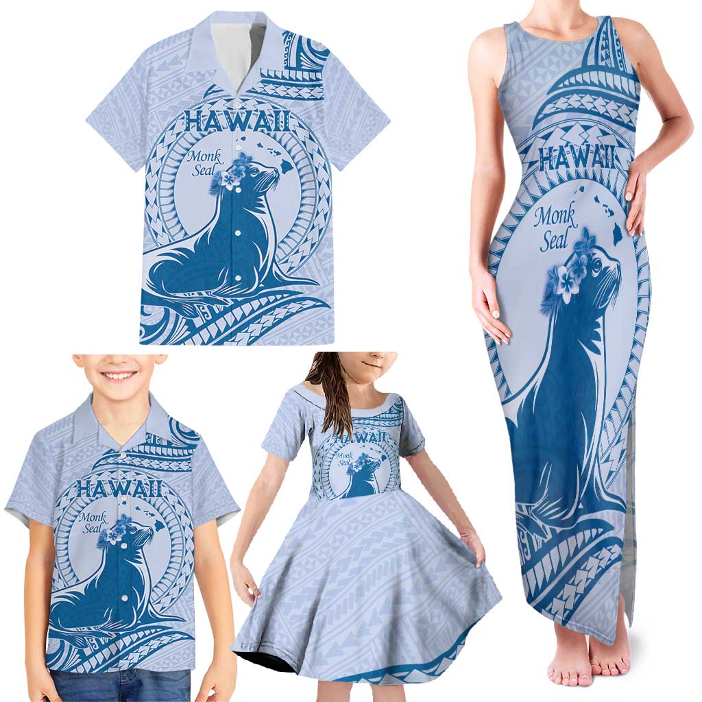 Personalised Hawaii Monk Seal Family Matching Tank Maxi Dress and Hawaiian Shirt Polynesian Tattoo With Tropical Flowers - Blue Pastel