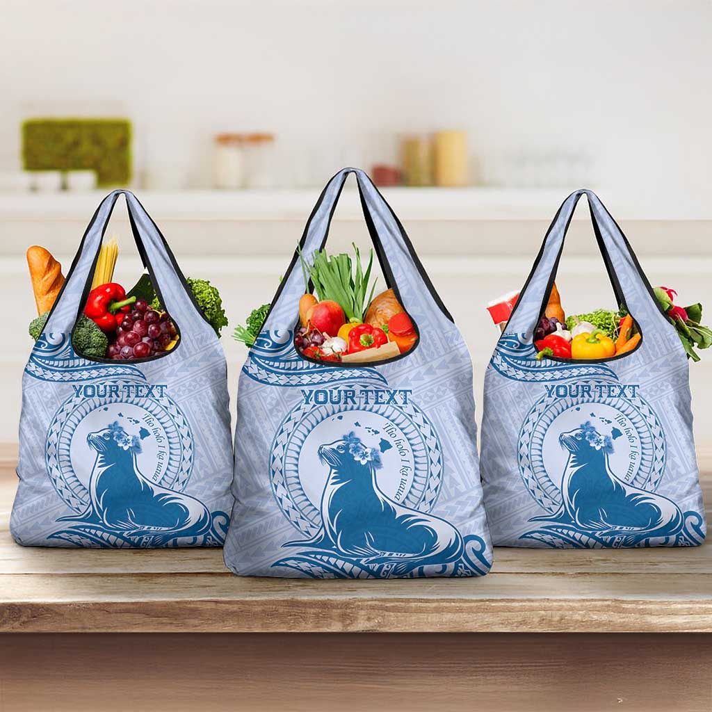 Personalised Hawaii Monk Seal Grocery Bag Polynesian Tattoo With Tropical Flowers - Blue Pastel LT14 3-pack One Size Blue - Polynesian Pride