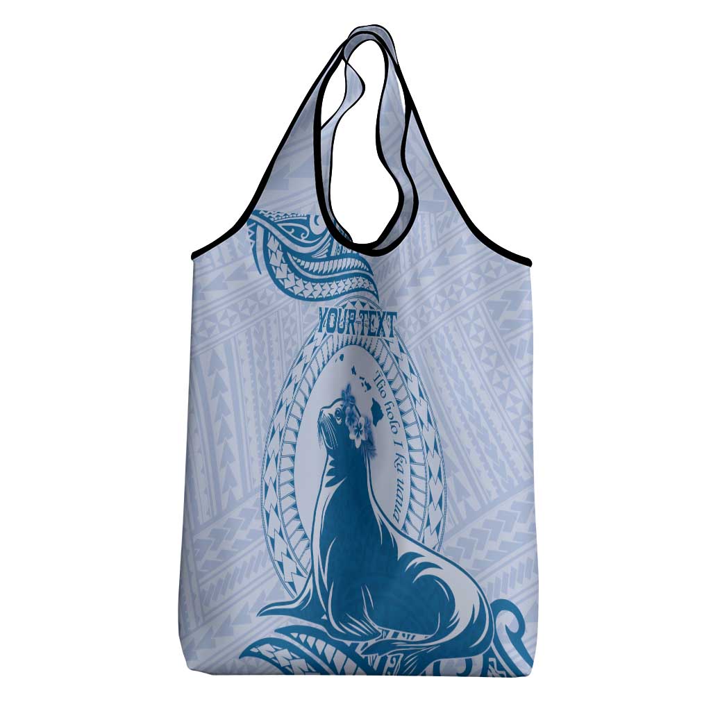 Personalised Hawaii Monk Seal Grocery Bag Polynesian Tattoo With Tropical Flowers - Blue Pastel LT14 - Polynesian Pride