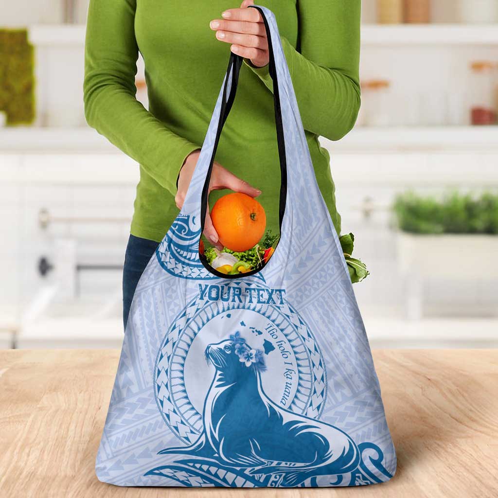 Personalised Hawaii Monk Seal Grocery Bag Polynesian Tattoo With Tropical Flowers - Blue Pastel LT14 - Polynesian Pride
