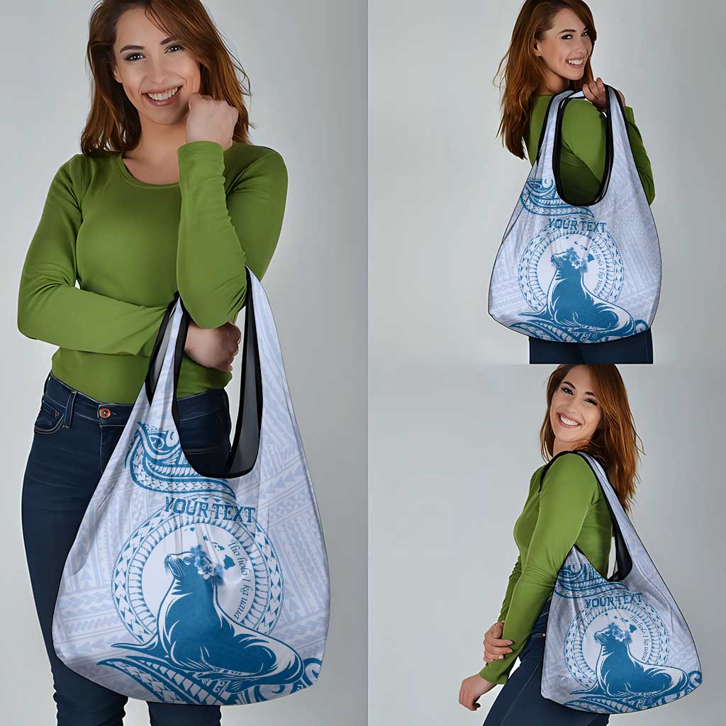 Personalised Hawaii Monk Seal Grocery Bag Polynesian Tattoo With Tropical Flowers - Blue Pastel LT14 - Polynesian Pride