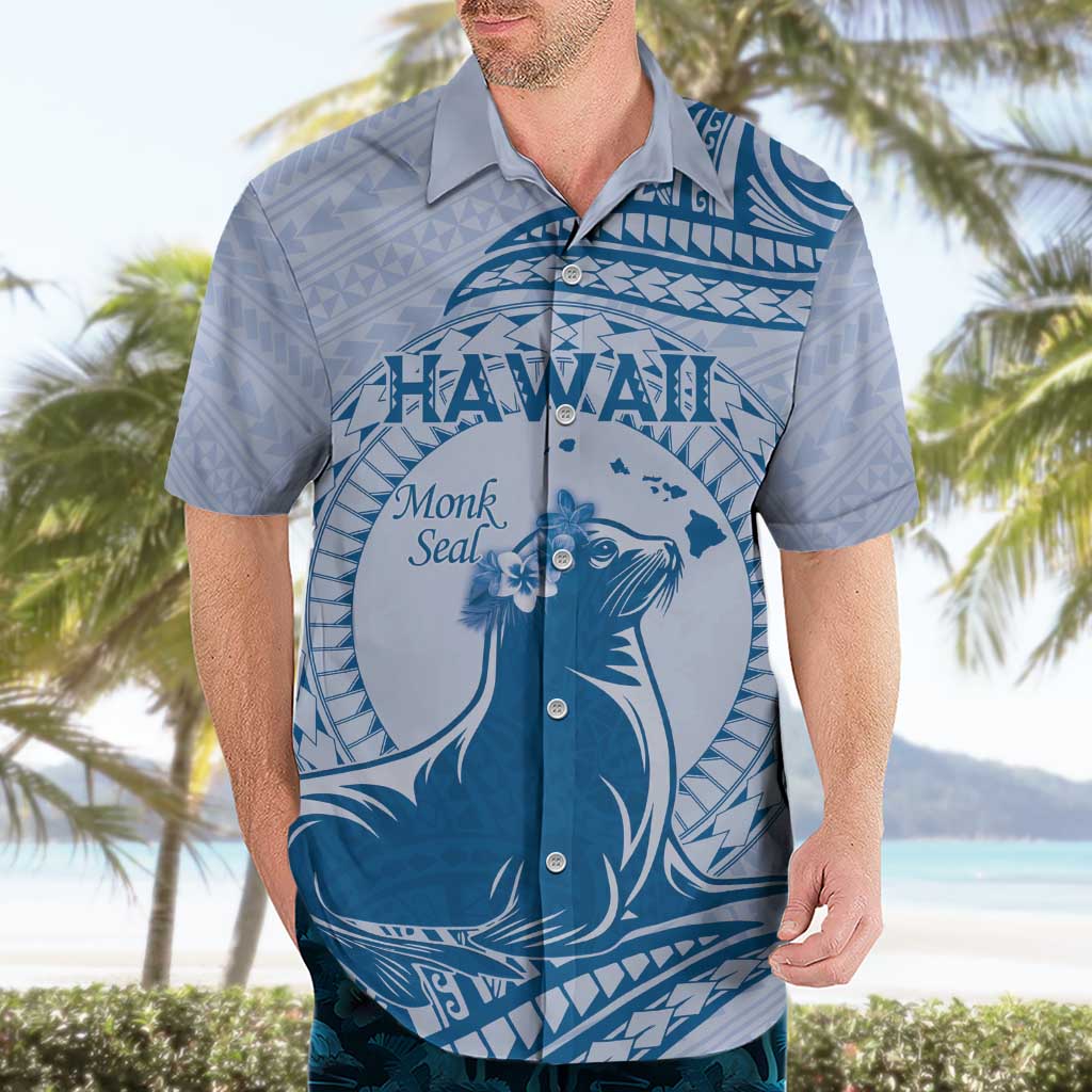 Personalised Hawaii Monk Seal Hawaiian Shirt Polynesian Tattoo With Tropical Flowers - Blue Pastel LT14 - Polynesian Pride