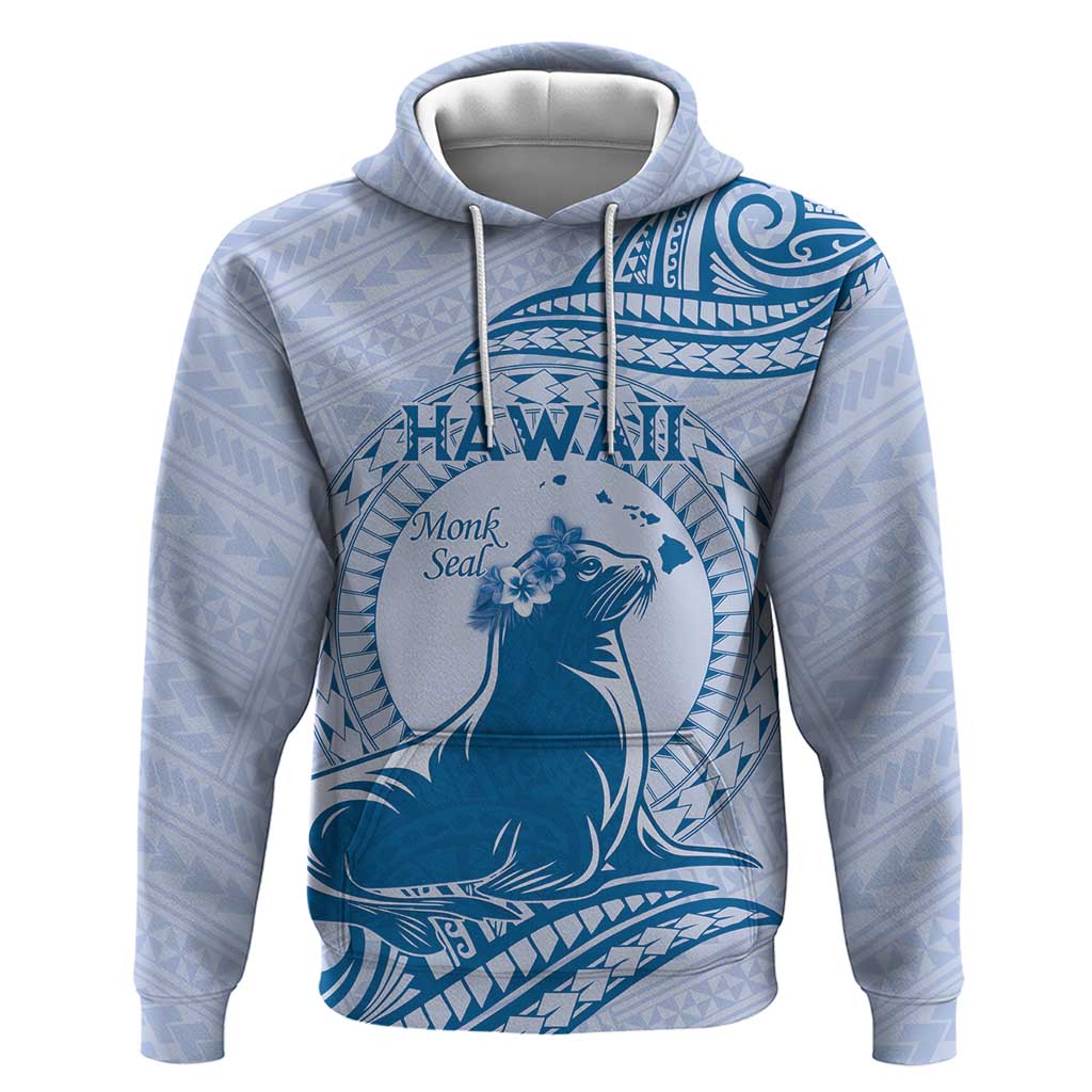 Personalised Hawaii Monk Seal Hoodie Polynesian Tattoo With Tropical Flowers - Blue Pastel