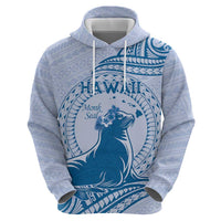 Personalised Hawaii Monk Seal Hoodie Polynesian Tattoo With Tropical Flowers - Blue Pastel