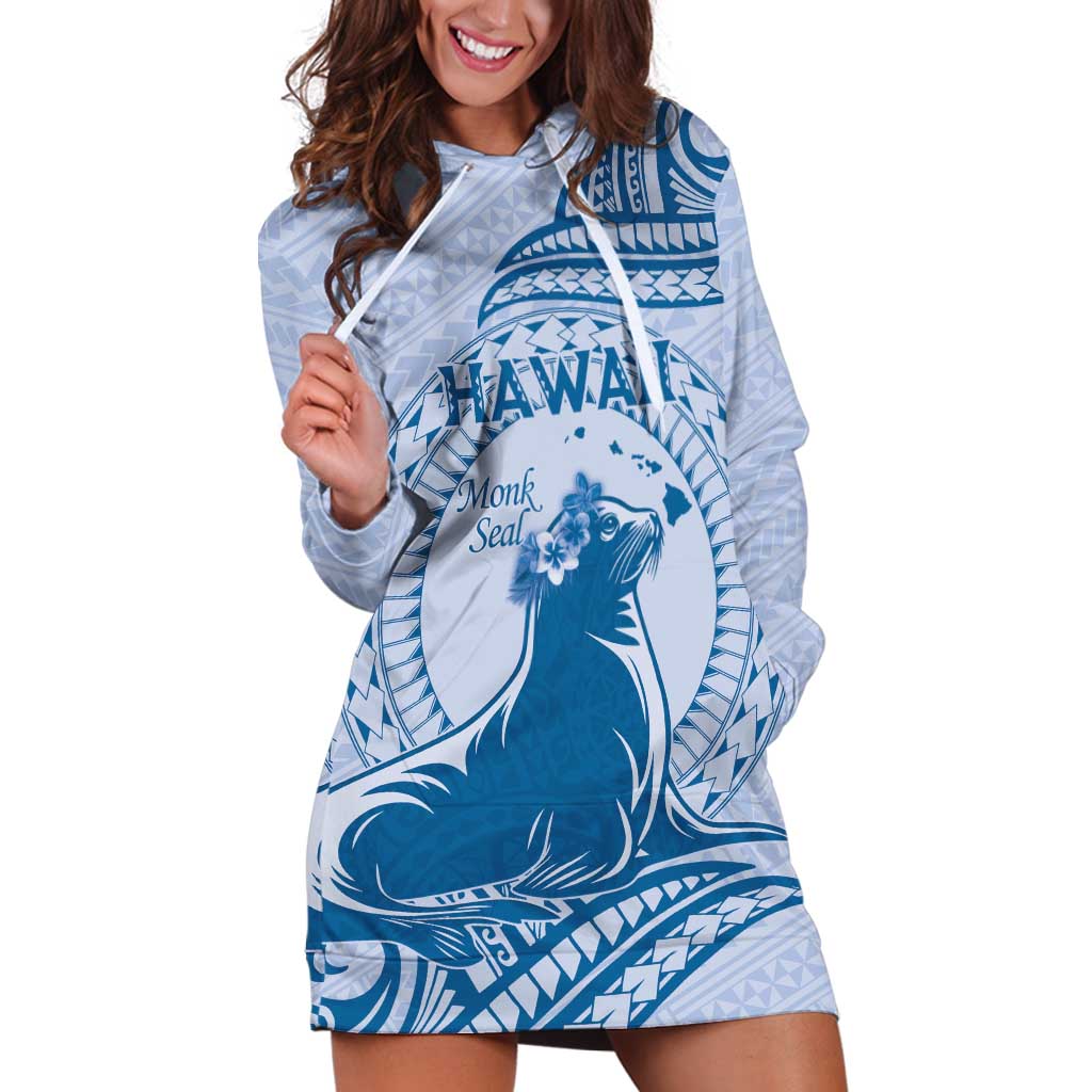 Personalised Hawaii Monk Seal Hoodie Dress Polynesian Tattoo With Tropical Flowers - Blue Pastel