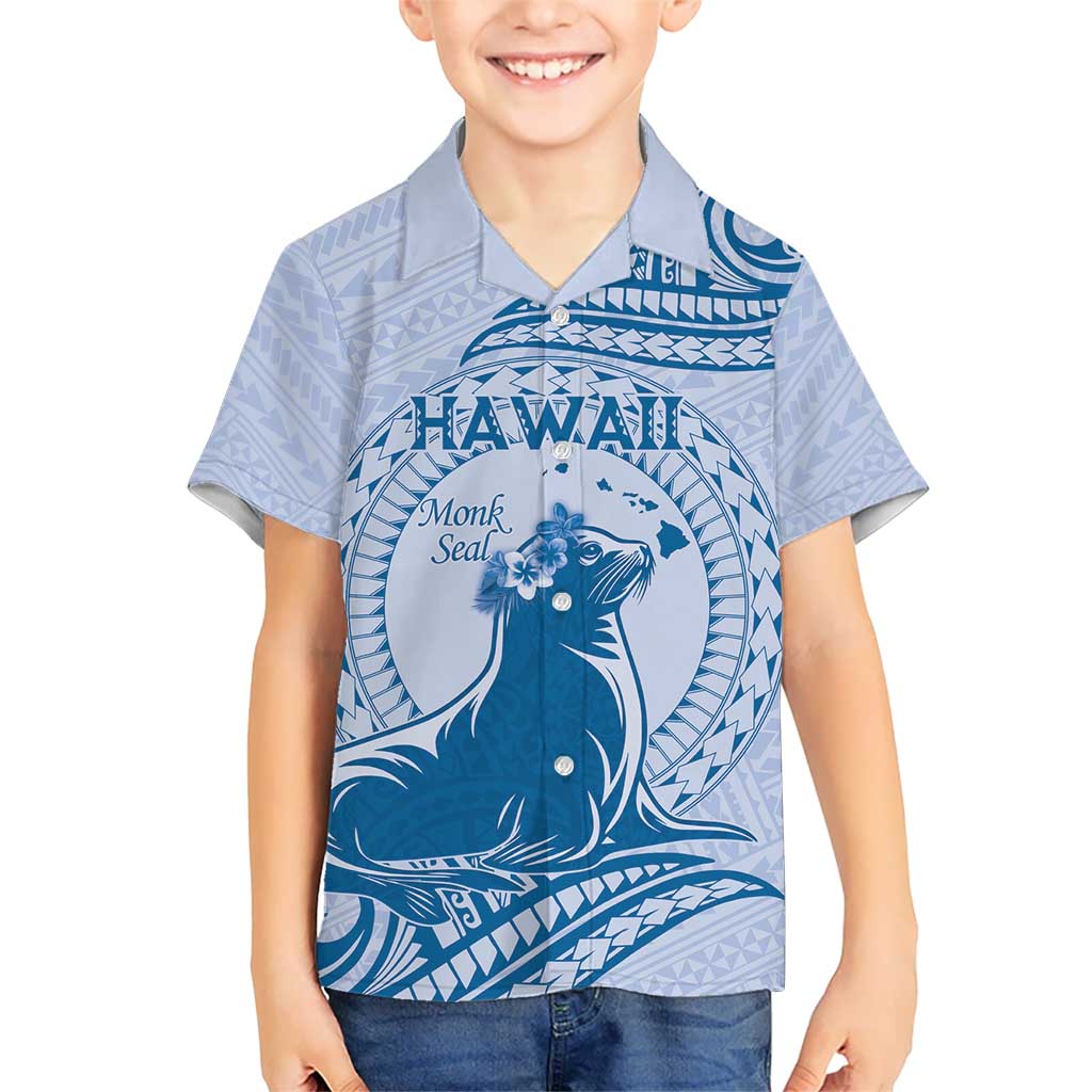 Personalised Hawaii Monk Seal Kid Hawaiian Shirt Polynesian Tattoo With Tropical Flowers - Blue Pastel