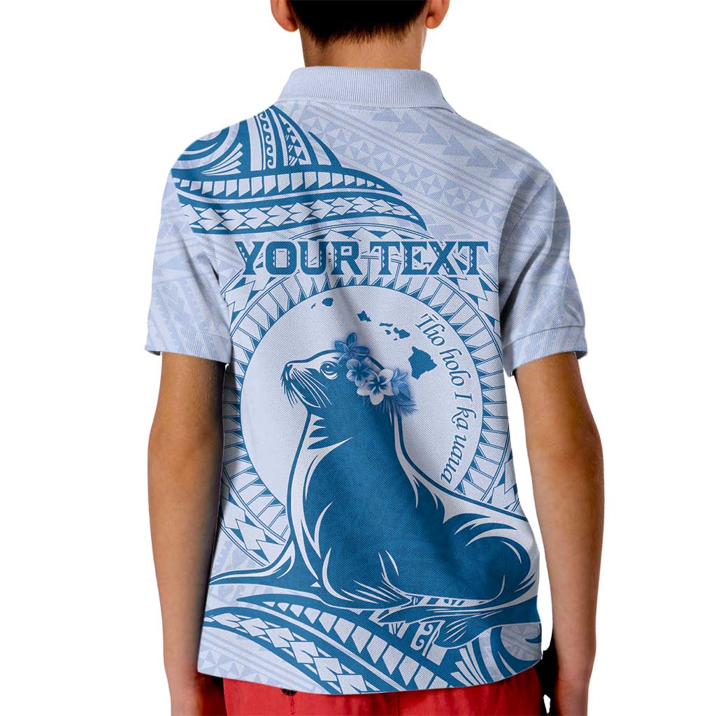 Personalised Hawaii Monk Seal Kid Polo Shirt Polynesian Tattoo With Tropical Flowers - Blue Pastel