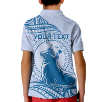 Personalised Hawaii Monk Seal Kid Polo Shirt Polynesian Tattoo With Tropical Flowers - Blue Pastel
