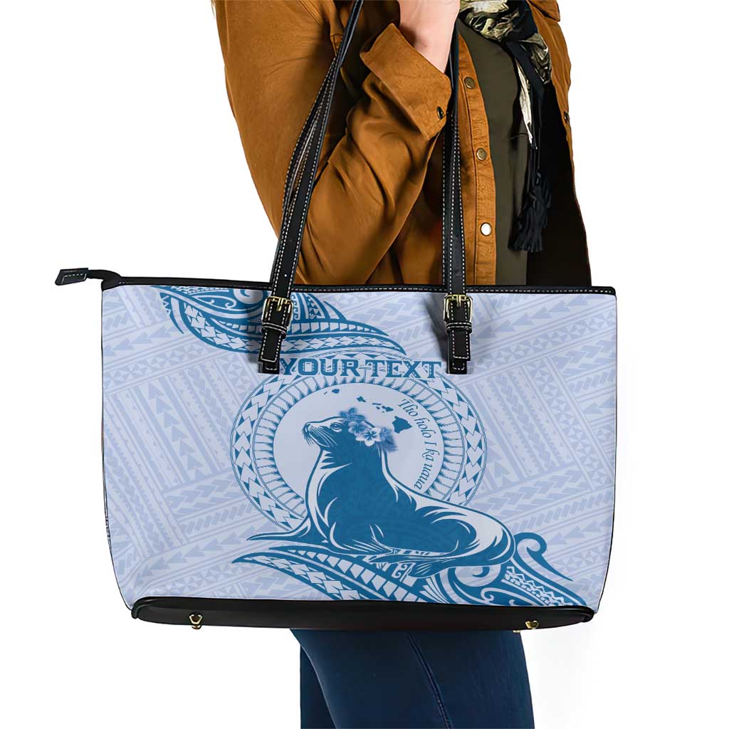 Personalised Hawaii Monk Seal Leather Tote Bag Polynesian Tattoo With Tropical Flowers - Blue Pastel LT14 - Polynesian Pride