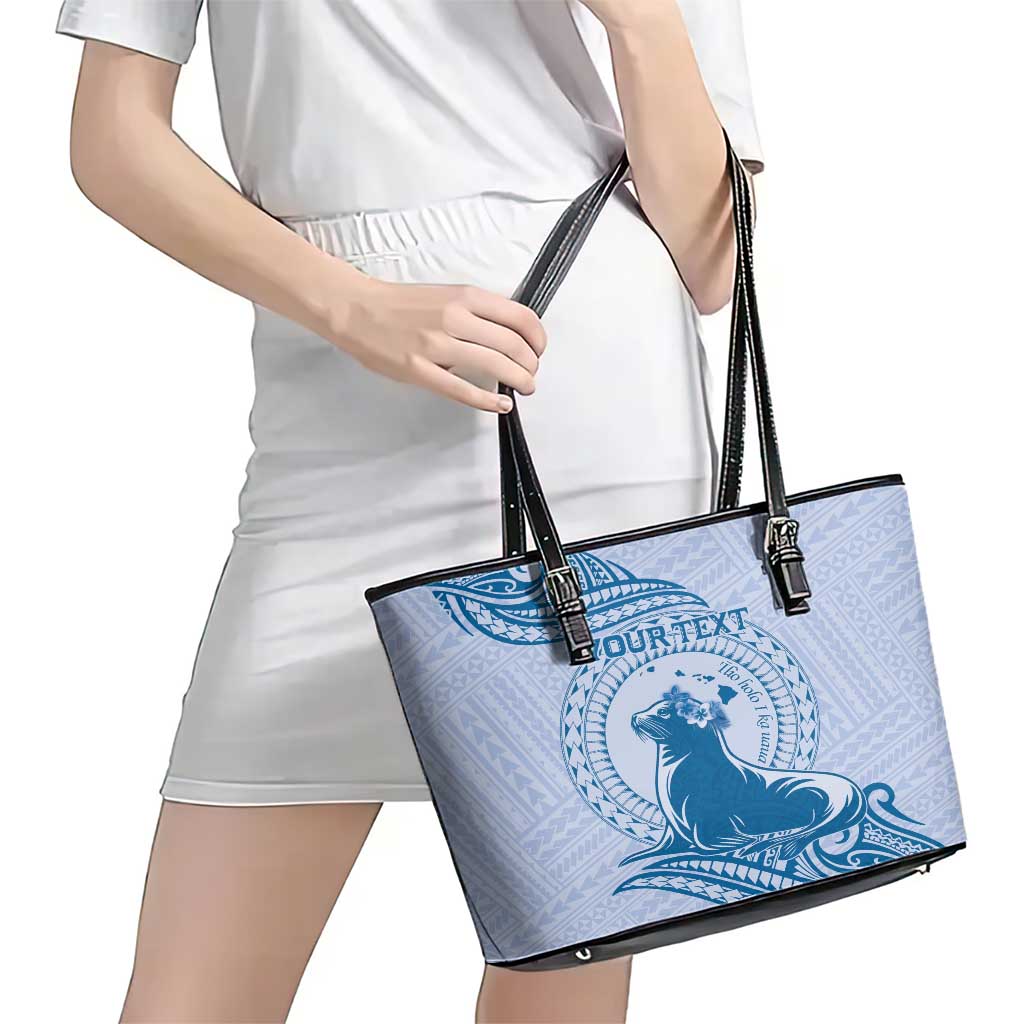 Personalised Hawaii Monk Seal Leather Tote Bag Polynesian Tattoo With Tropical Flowers - Blue Pastel LT14 - Polynesian Pride