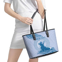 Personalised Hawaii Monk Seal Leather Tote Bag Polynesian Tattoo With Tropical Flowers - Blue Pastel LT14 - Polynesian Pride