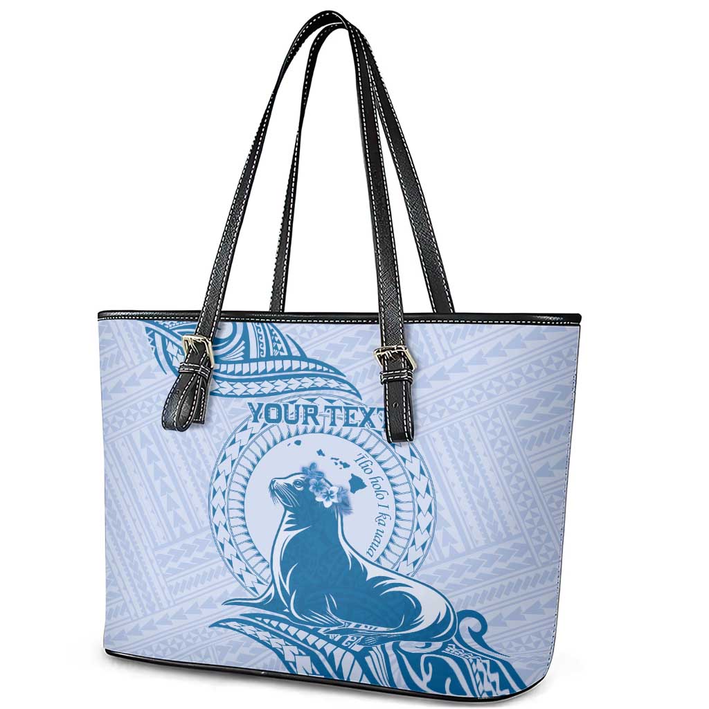 Personalised Hawaii Monk Seal Leather Tote Bag Polynesian Tattoo With Tropical Flowers - Blue Pastel LT14 - Polynesian Pride