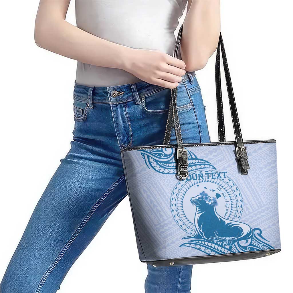 Personalised Hawaii Monk Seal Leather Tote Bag Polynesian Tattoo With Tropical Flowers - Blue Pastel LT14 - Polynesian Pride
