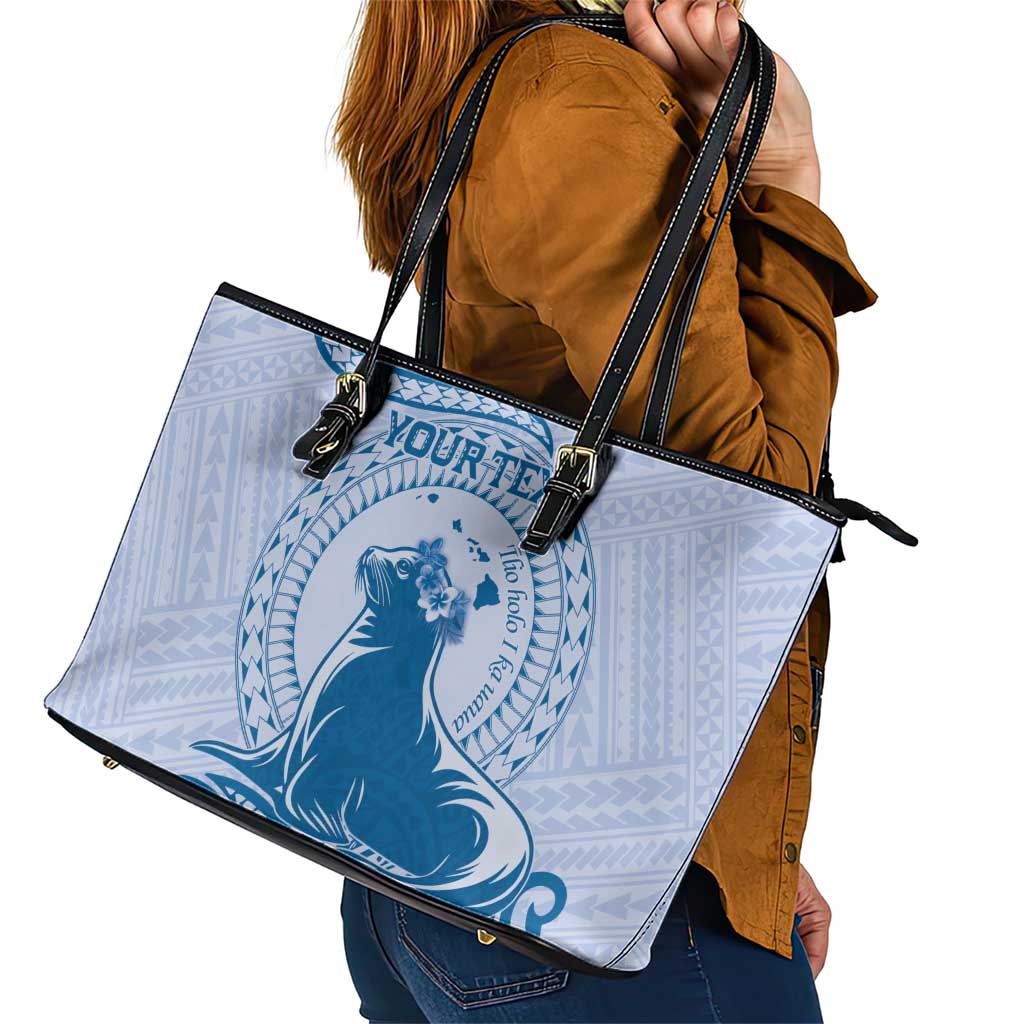 Personalised Hawaii Monk Seal Leather Tote Bag Polynesian Tattoo With Tropical Flowers - Blue Pastel LT14 - Polynesian Pride