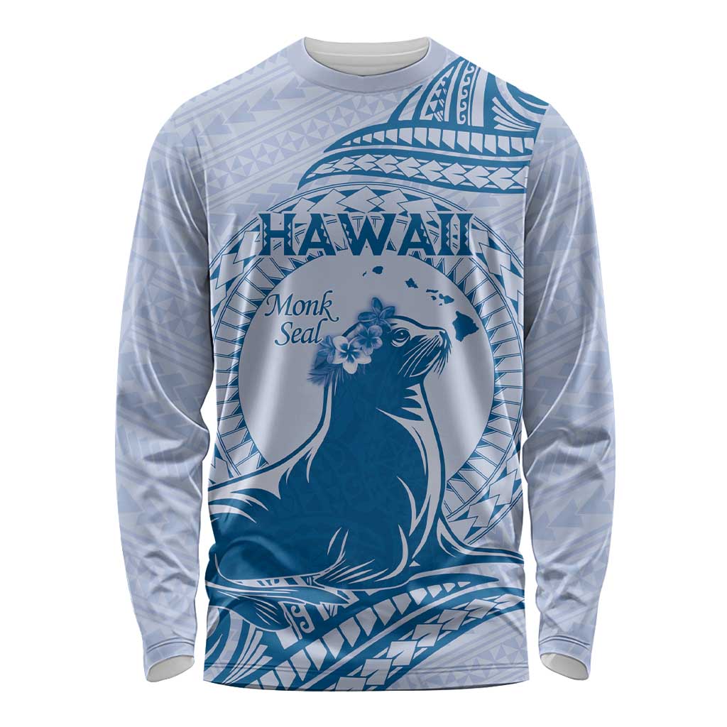 Personalised Hawaii Monk Seal Long Sleeve Shirt Polynesian Tattoo With Tropical Flowers - Blue Pastel