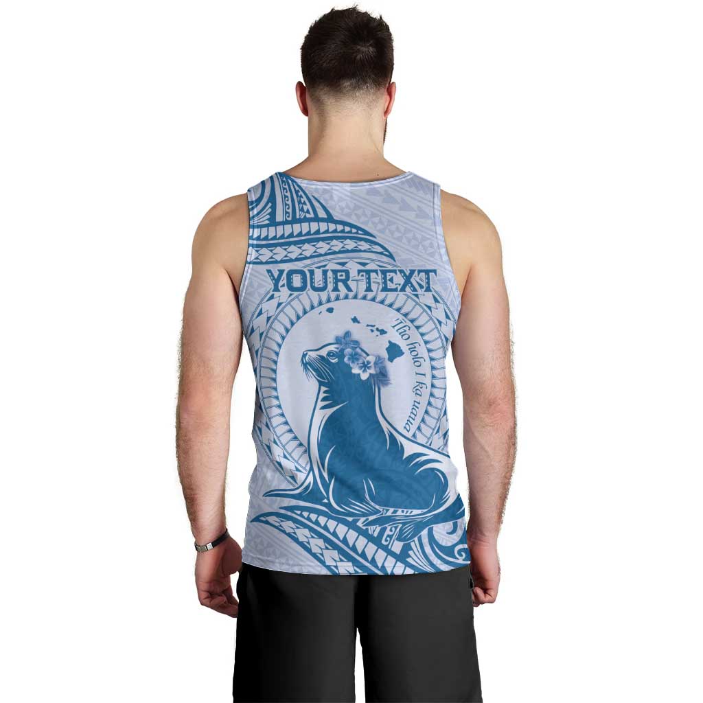 Personalised Hawaii Monk Seal Men Tank Top Polynesian Tattoo With Tropical Flowers - Blue Pastel LT14 - Polynesian Pride