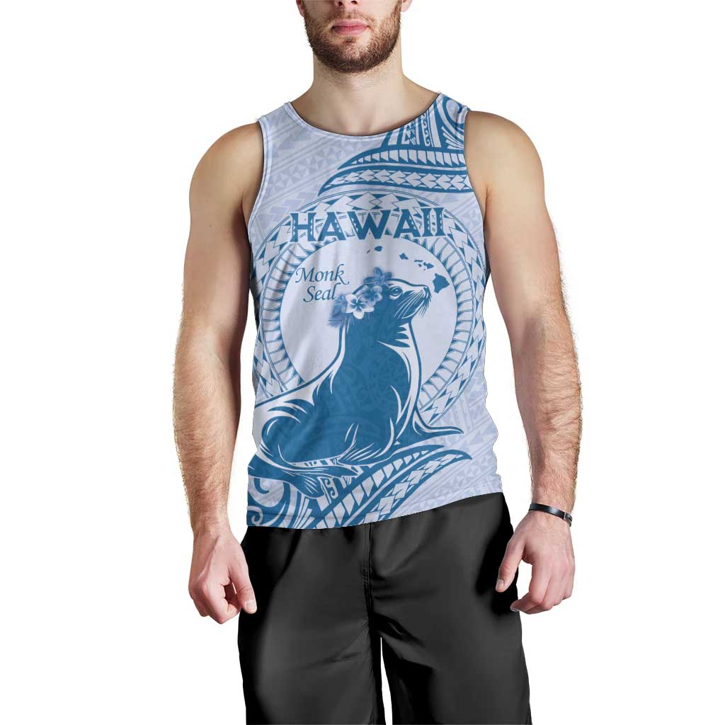Personalised Hawaii Monk Seal Men Tank Top Polynesian Tattoo With Tropical Flowers - Blue Pastel LT14 - Polynesian Pride