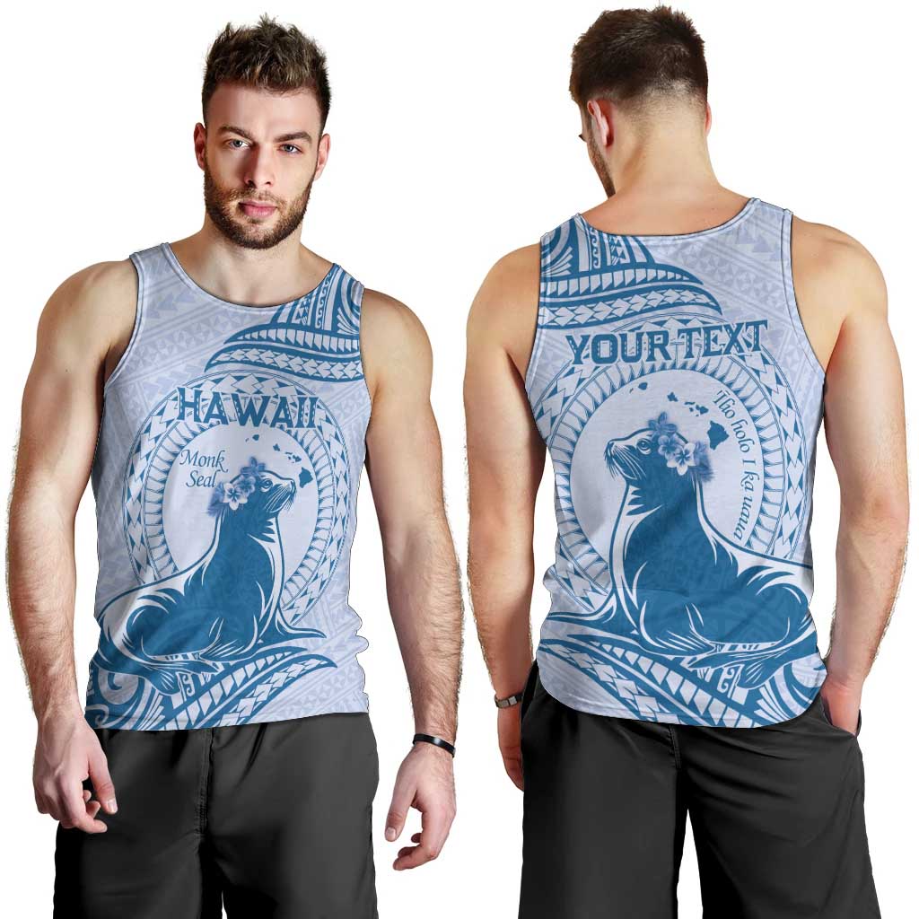 Personalised Hawaii Monk Seal Men Tank Top Polynesian Tattoo With Tropical Flowers - Blue Pastel LT14 - Polynesian Pride