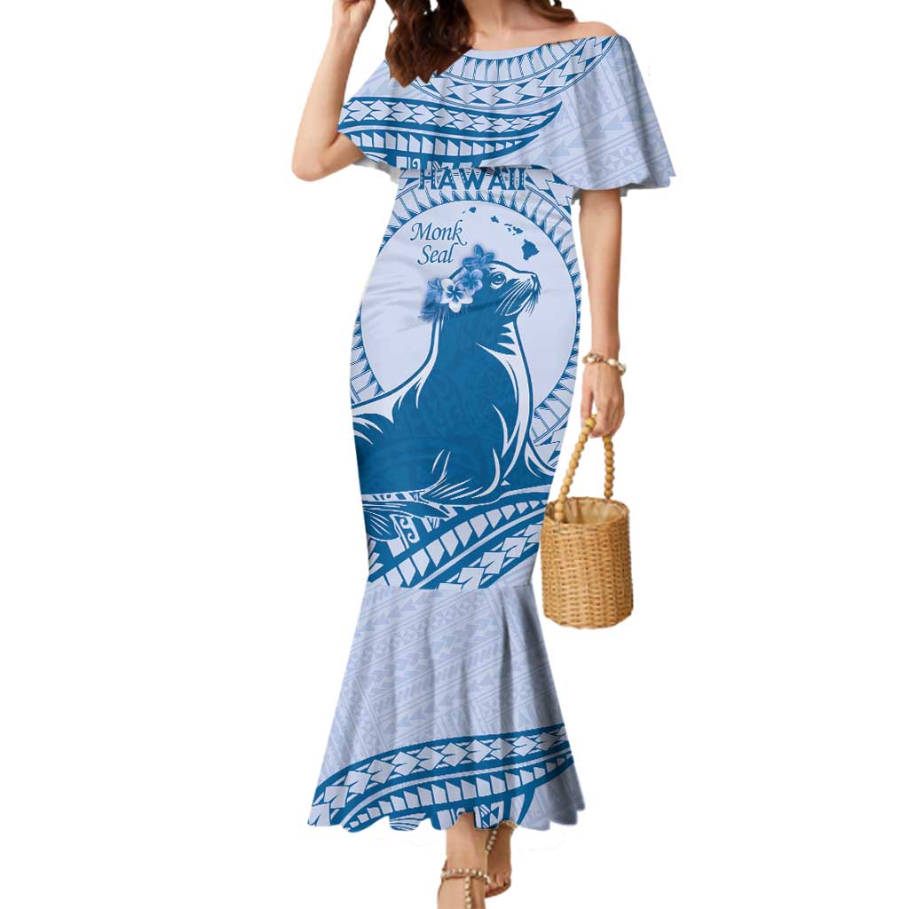 Personalised Hawaii Monk Seal Mermaid Dress Polynesian Tattoo With Tropical Flowers - Blue Pastel