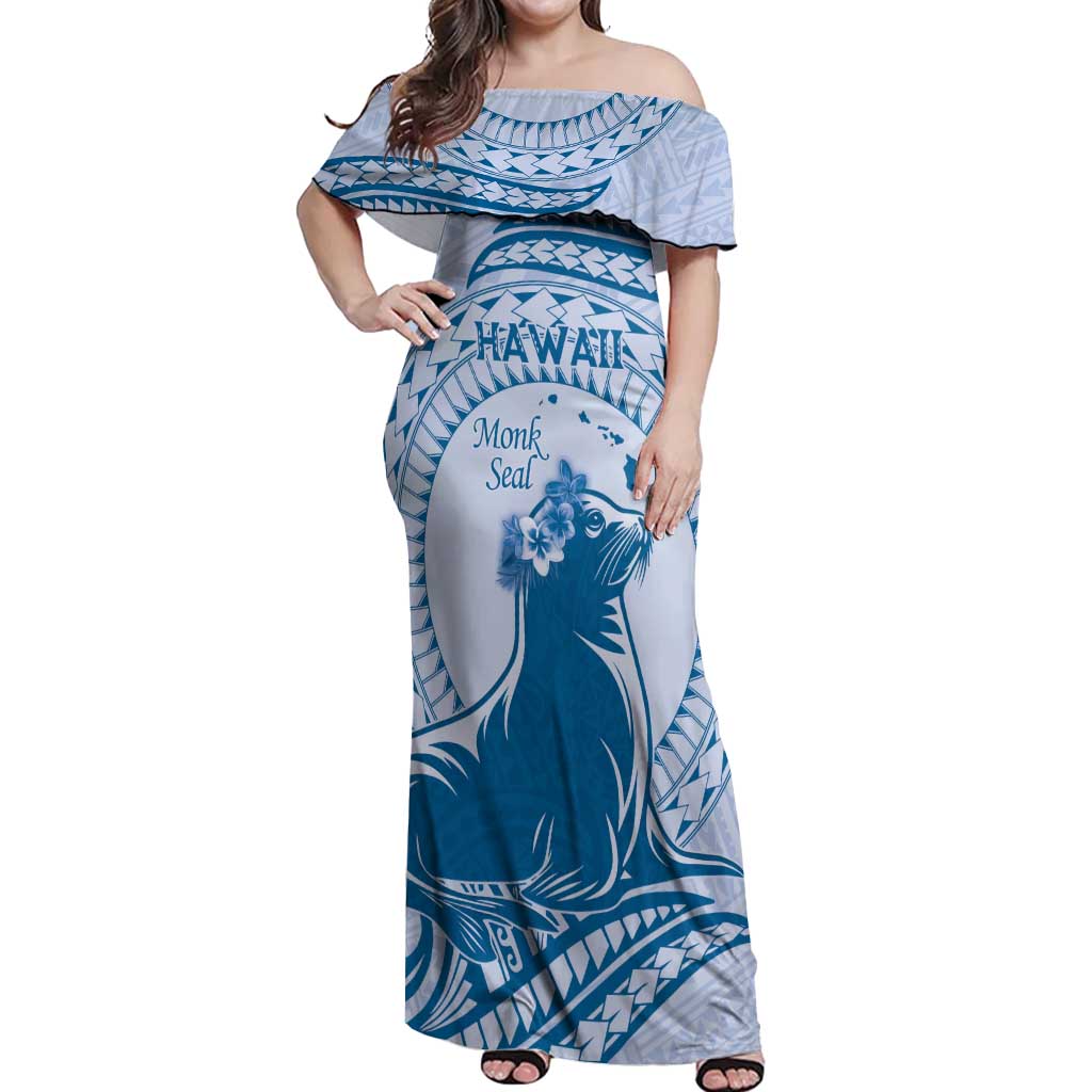 Personalised Hawaii Monk Seal Off Shoulder Maxi Dress Polynesian Tattoo With Tropical Flowers - Blue Pastel LT14 Women Blue - Polynesian Pride