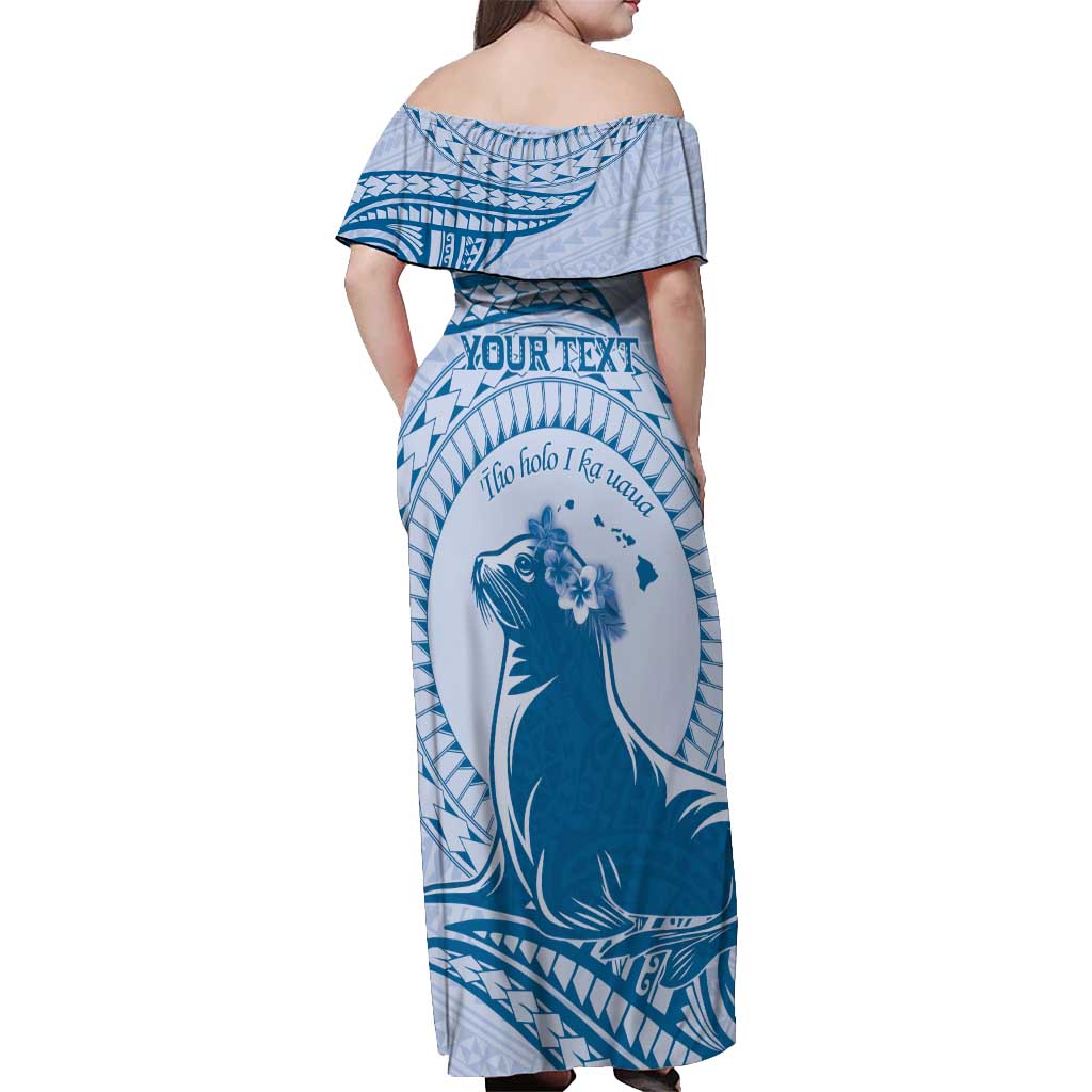 Personalised Hawaii Monk Seal Off Shoulder Maxi Dress Polynesian Tattoo With Tropical Flowers - Blue Pastel LT14 - Polynesian Pride