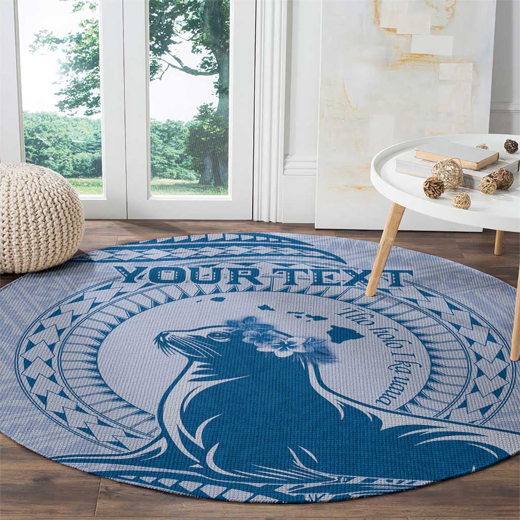 Personalised Hawaii Monk Seal Round Carpet Polynesian Tattoo With Tropical Flowers - Blue Pastel
