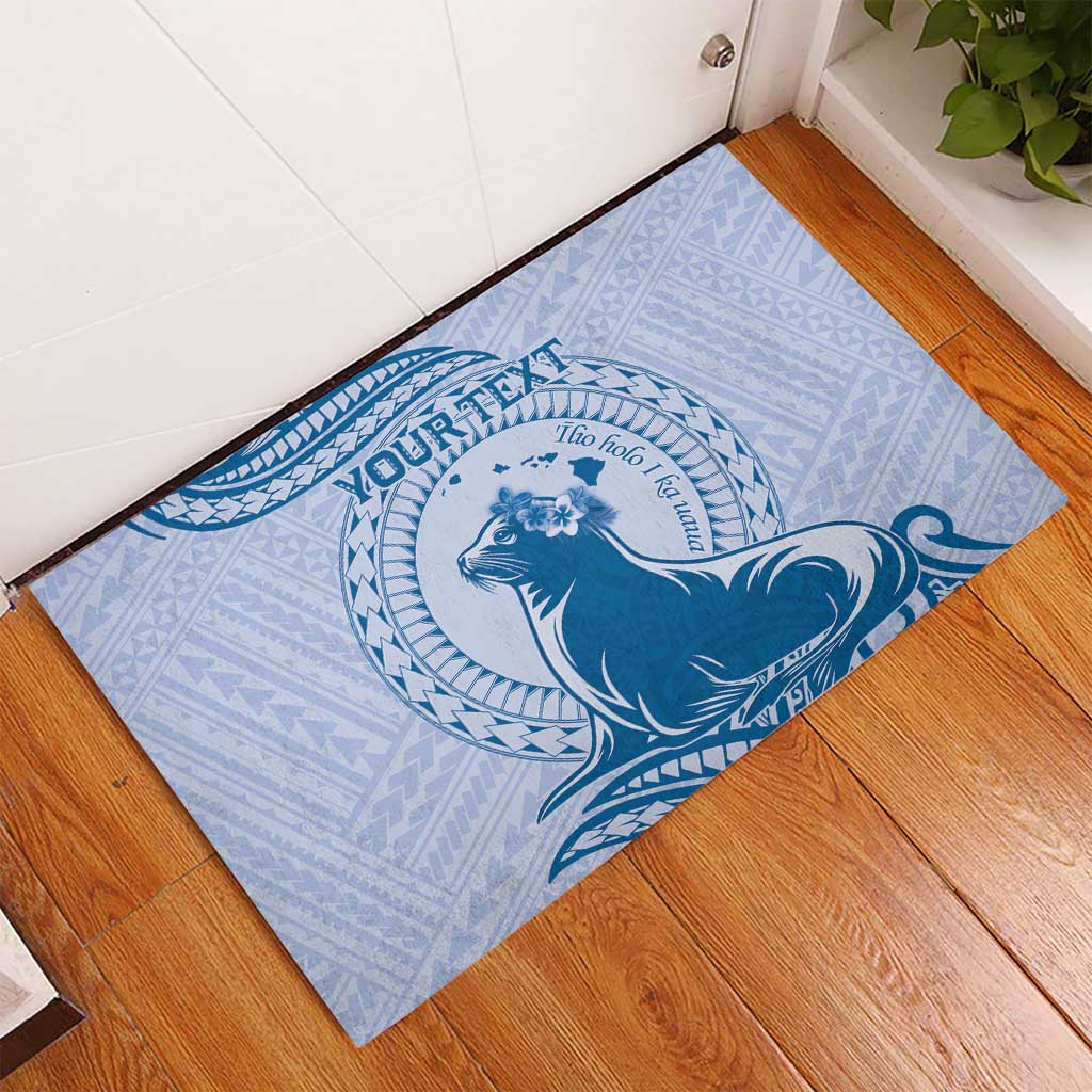 Personalised Hawaii Monk Seal Rubber Doormat Polynesian Tattoo With Tropical Flowers - Blue Pastel LT14 - Polynesian Pride
